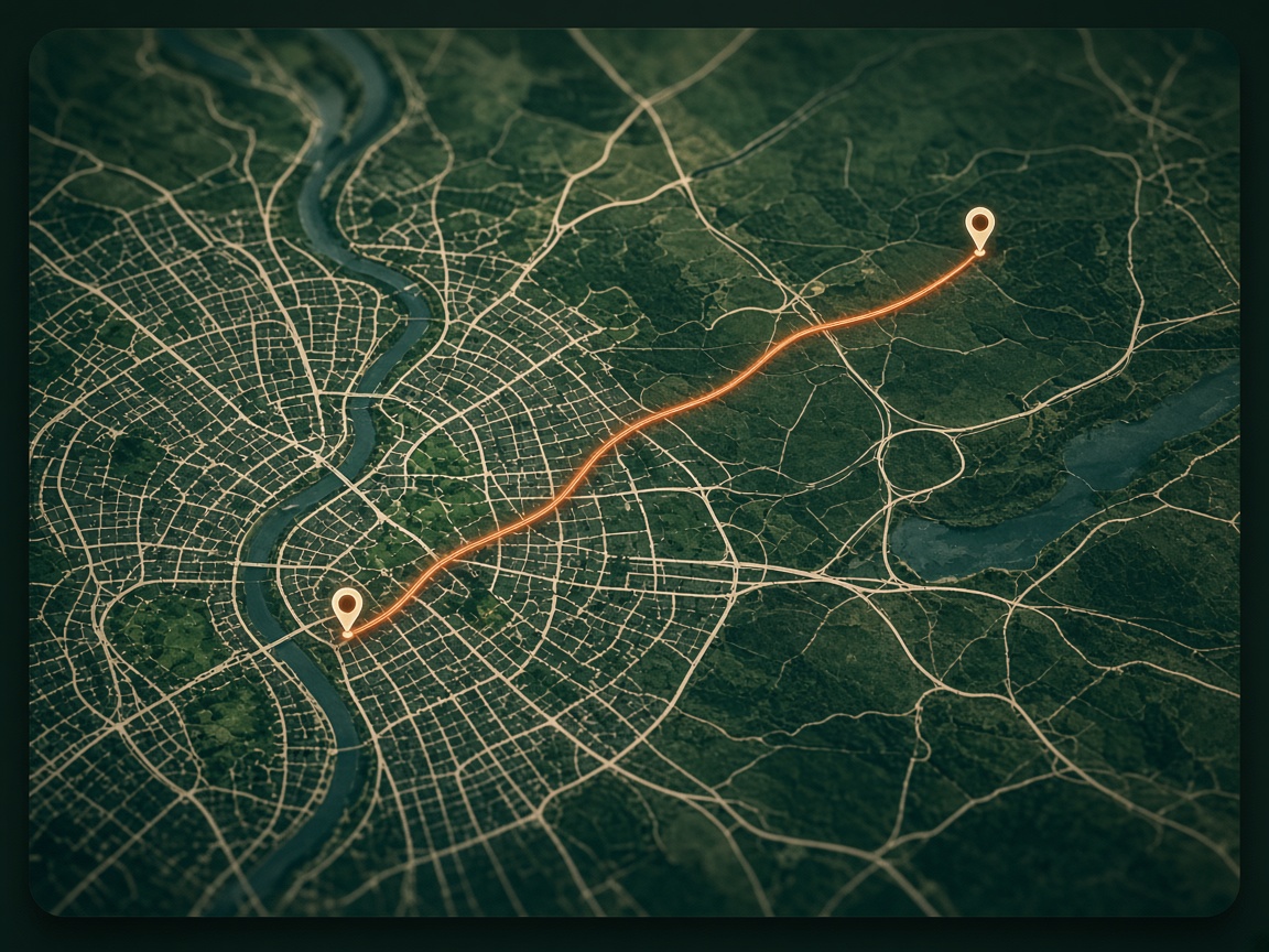 A live driving route drawn across a night city map
